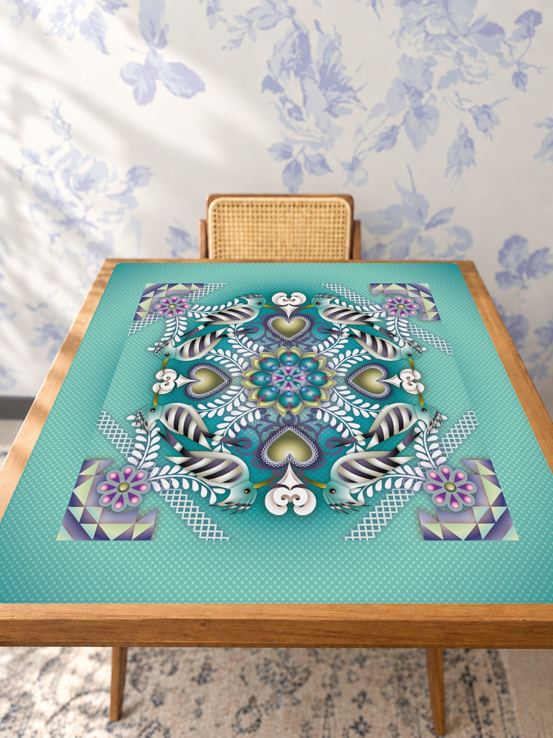 Aves del Alma mahjong mat — Studio Table Angle