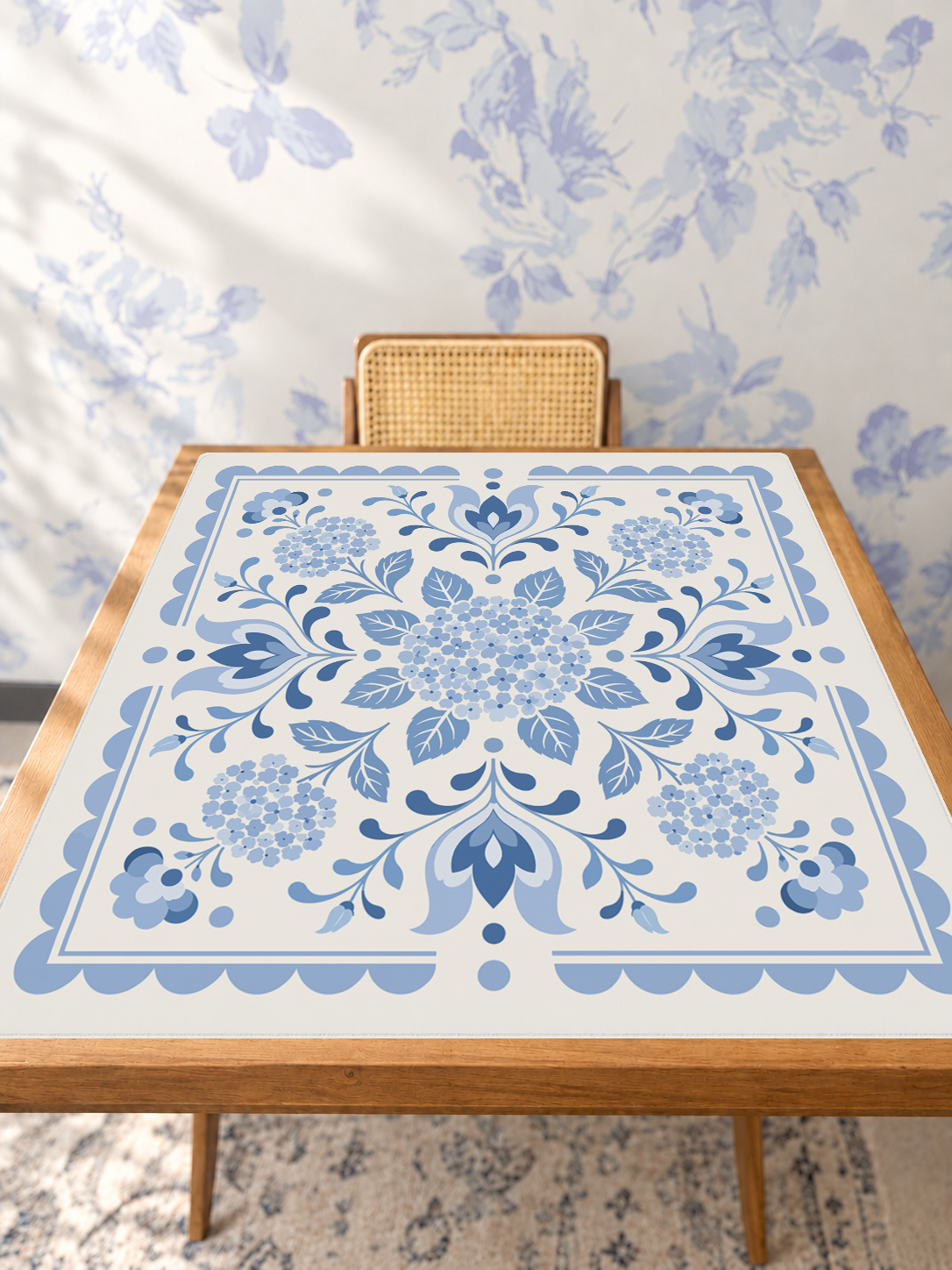Baby Blue Blooms mahjong mat — Studio Table Angle