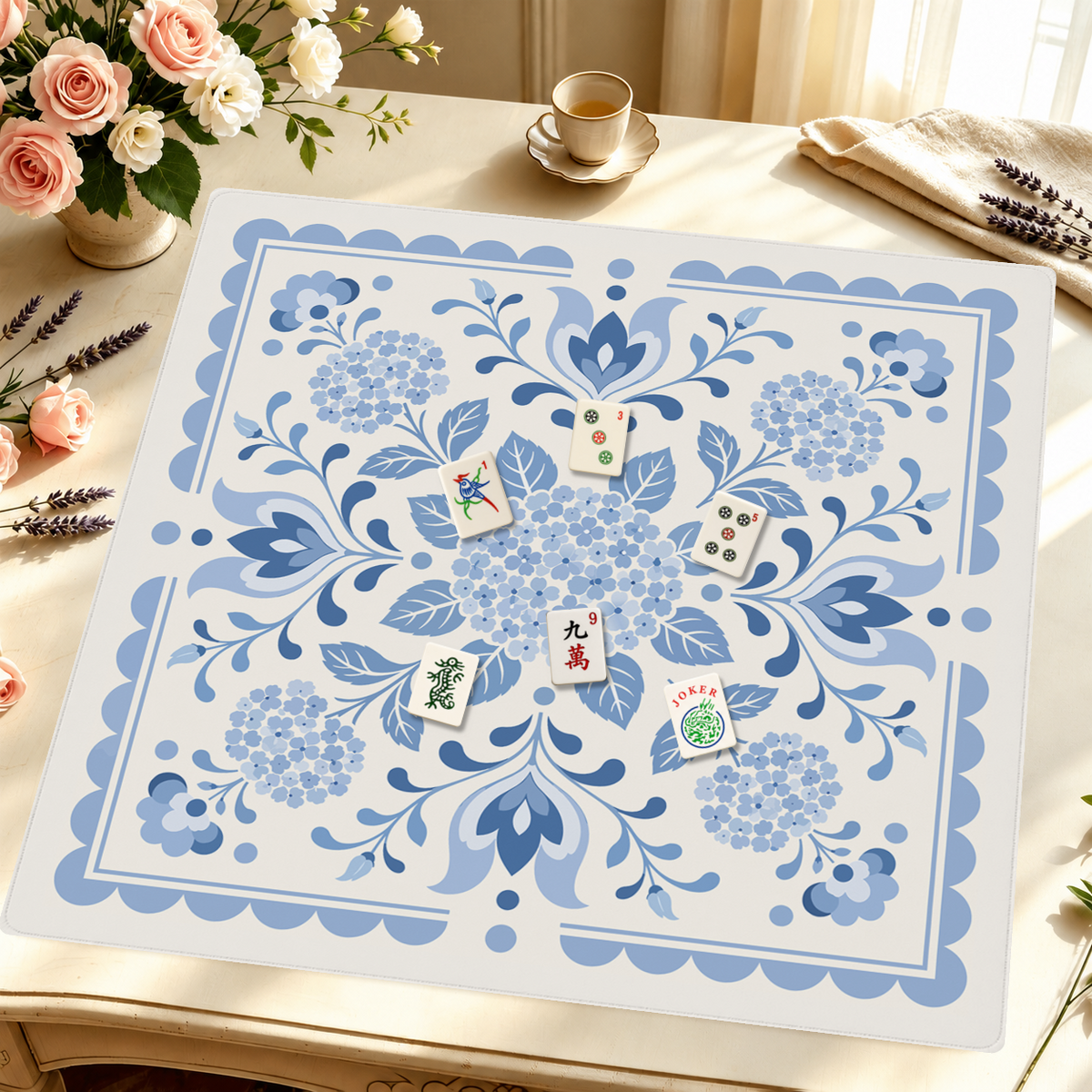 Baby Blue Blooms mahjong mat — Styled Tile Table