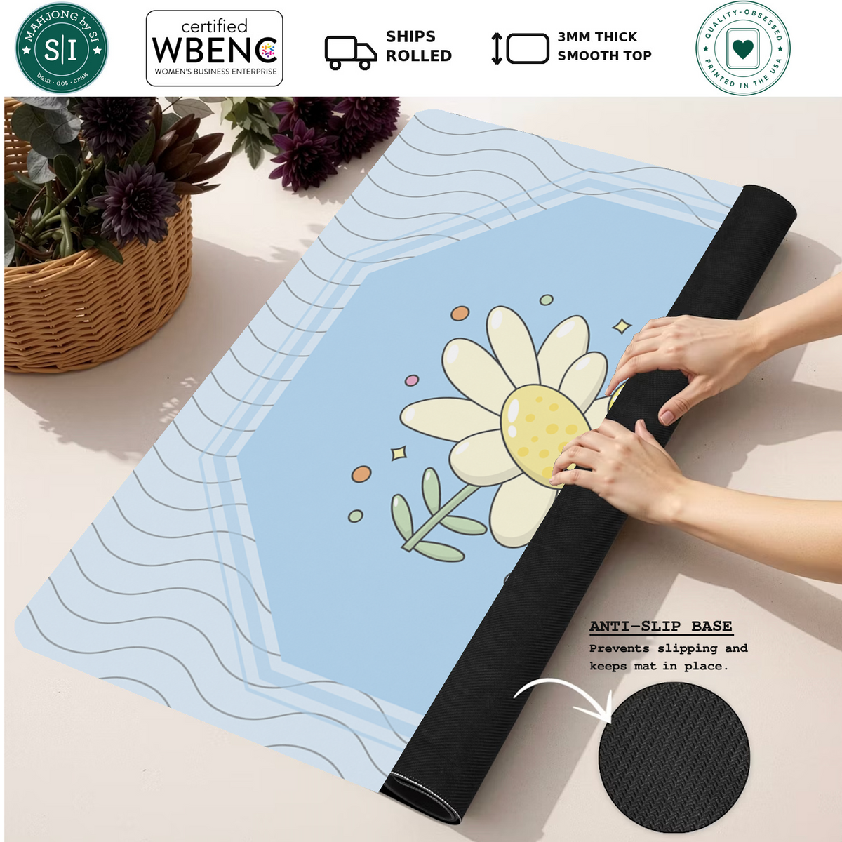 Bee Sweet | Blue mahjong mat — Rolled Mat Feature Image