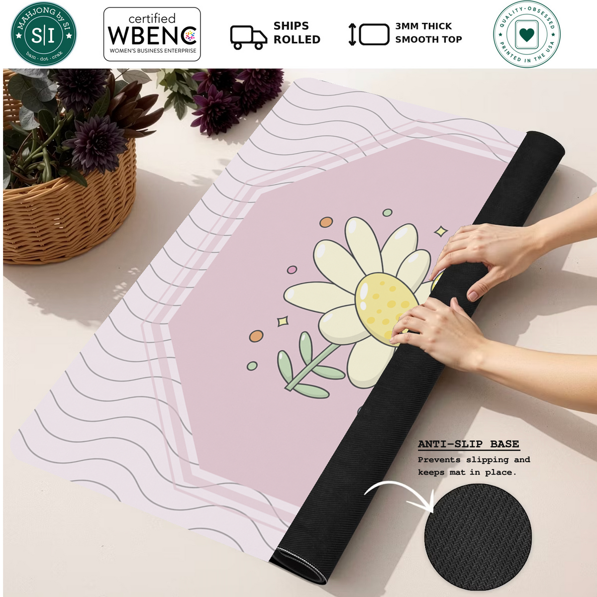 Bee Sweet | Pink mahjong mat — Rolled Mat Feature Image