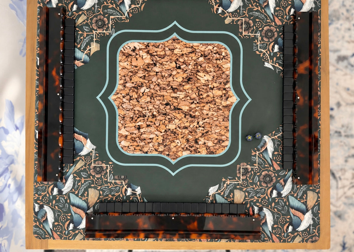 Bird is the Word mahjong mat with woodland birds and tortoiseshell racks