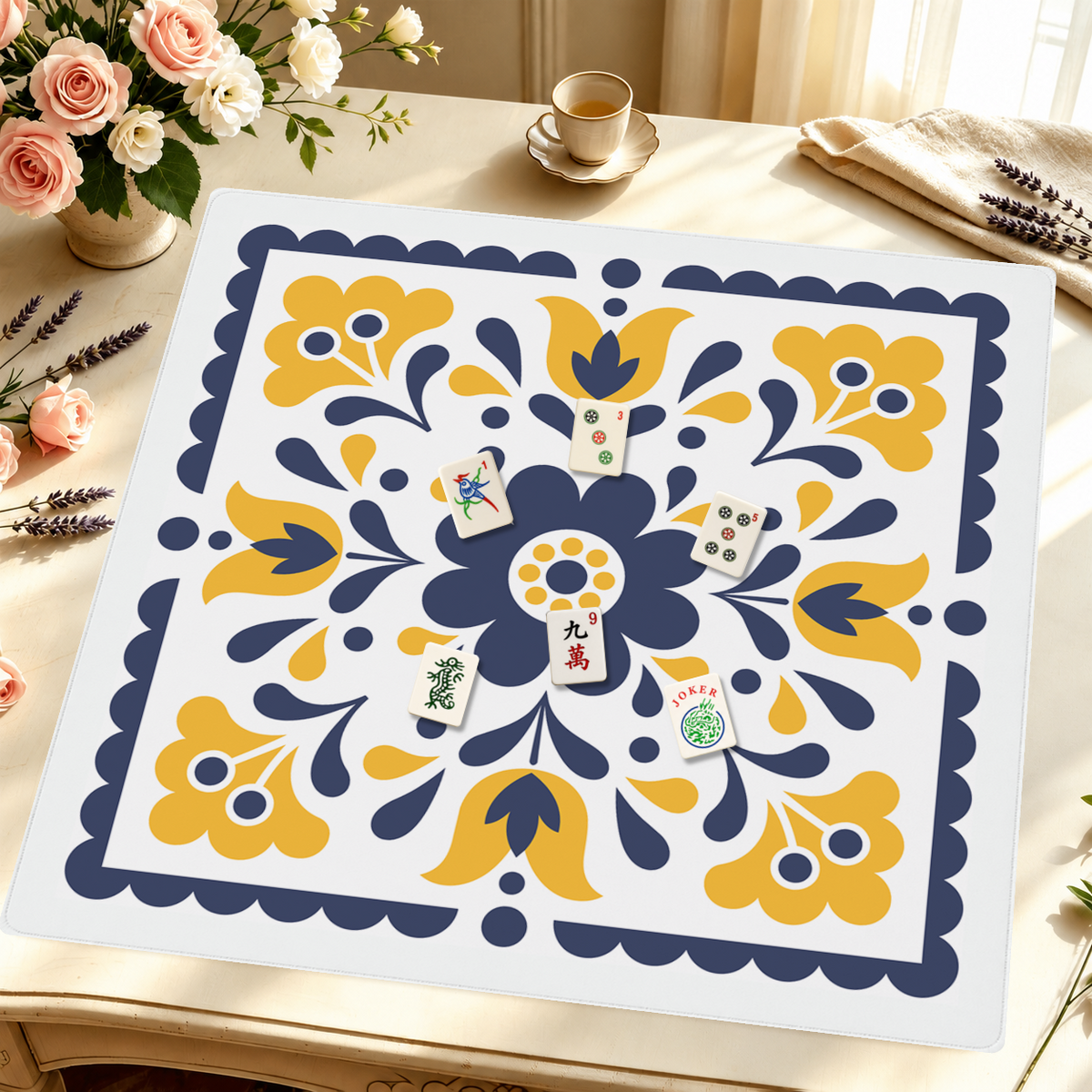 Blue Arbors mahjong mat — Styled Tile Table