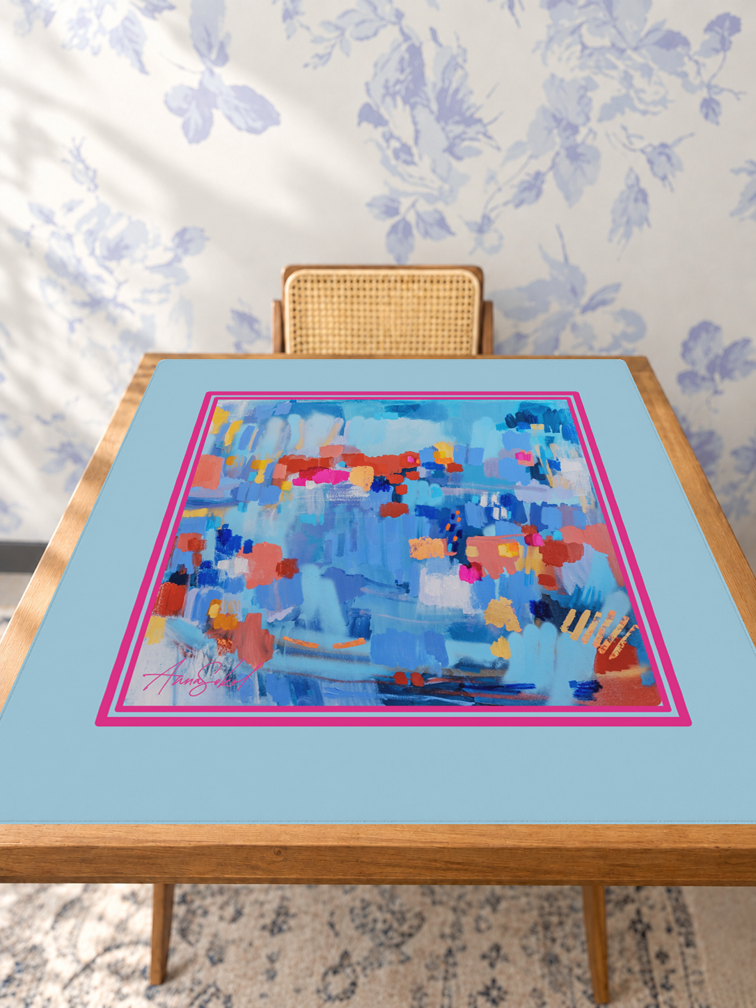 Blue Bamboo mahjong mat — Studio Table Angle