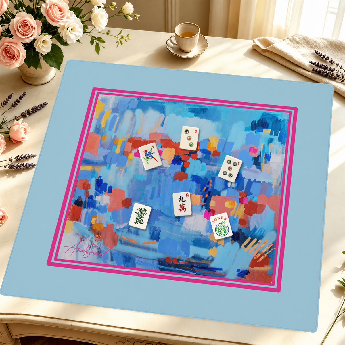 Blue Bamboo mahjong mat — Styled Tile Table