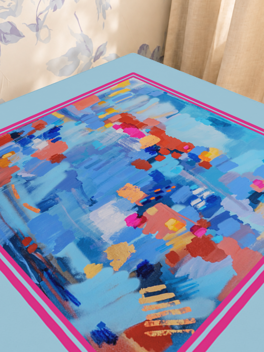 Blue Bamboo mahjong mat — Sunlit Close-up