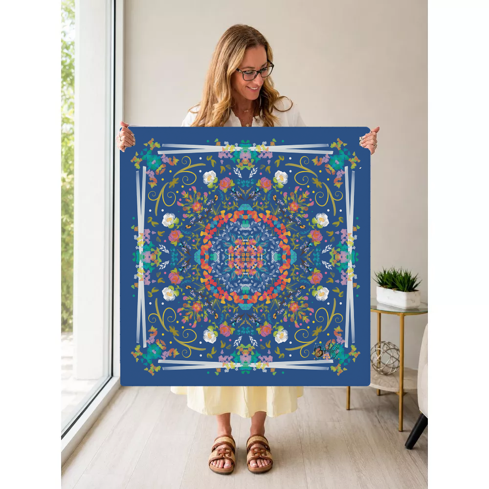 Blue Baroque Bouquet mahjong mat — Held Mat Portrait
