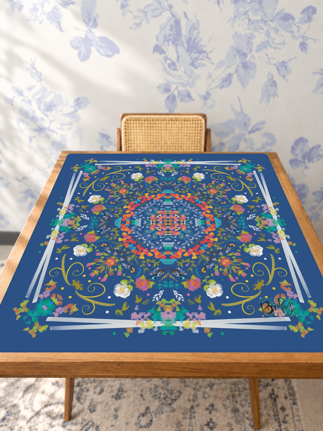 Blue Baroque Bouquet mahjong mat — Studio Table Angle