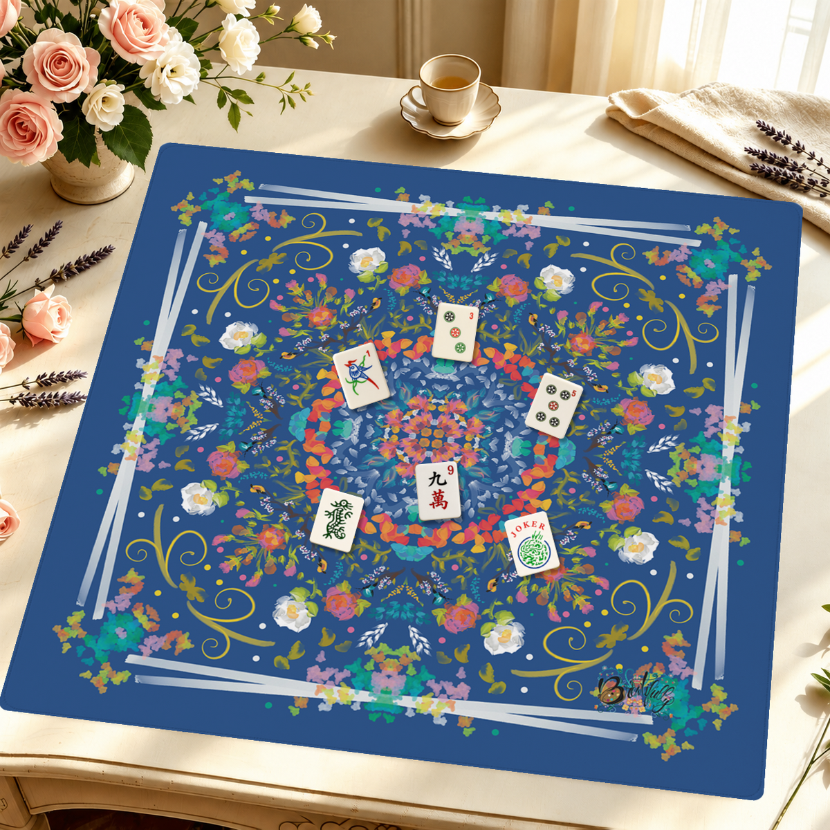Blue Baroque Bouquet mahjong mat — Styled Tile Table