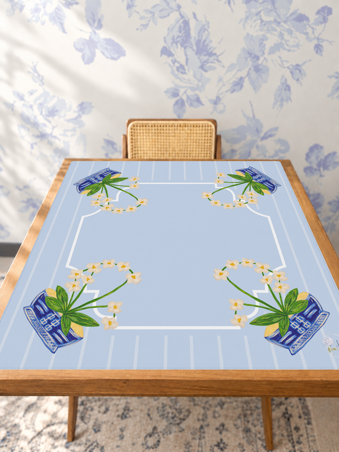 Blue Jasmine mahjong mat — Studio Table Angle