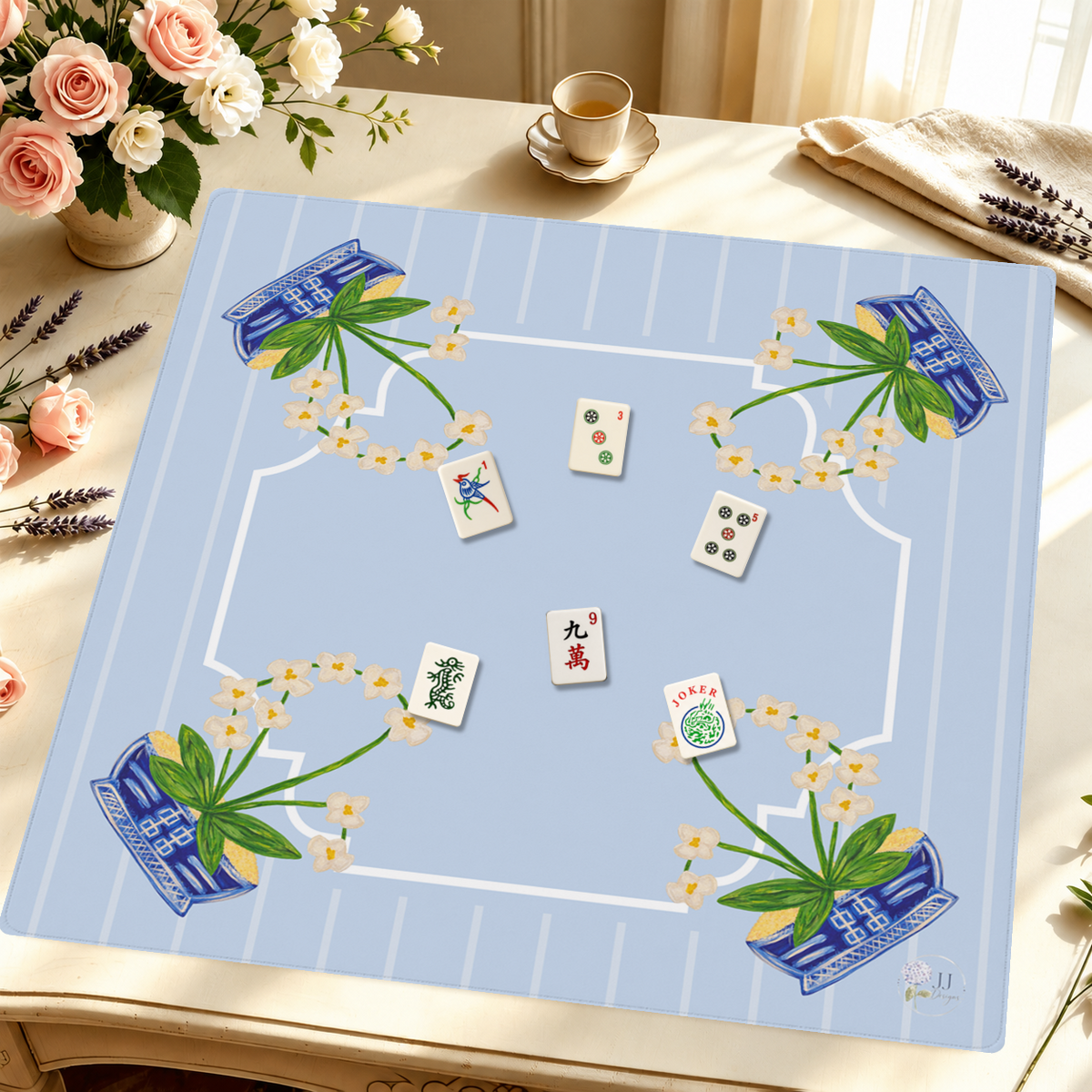 Blue Jasmine mahjong mat — Styled Tile Table