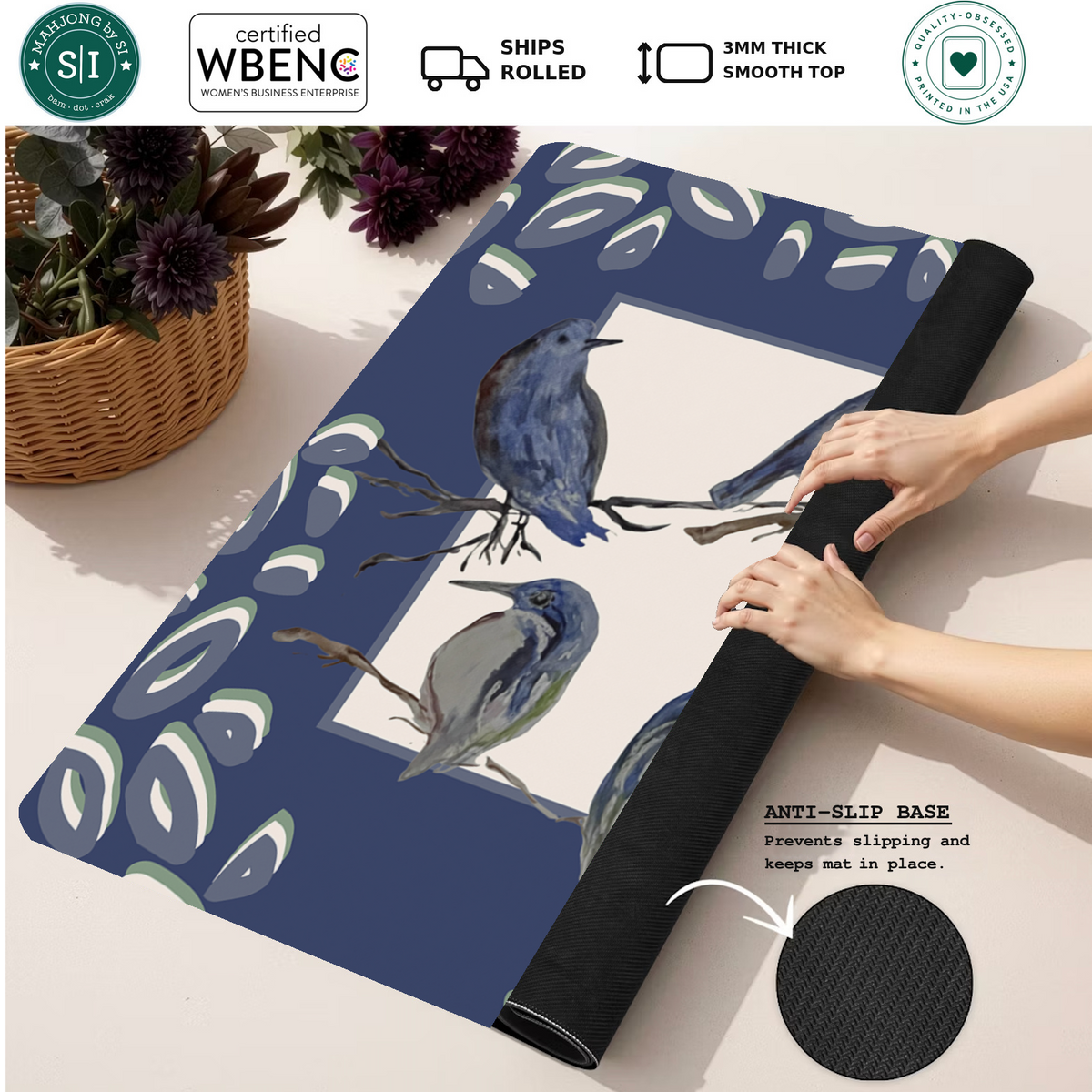 Bluebird Gathering mahjong mat — Rolled Mat Feature Image