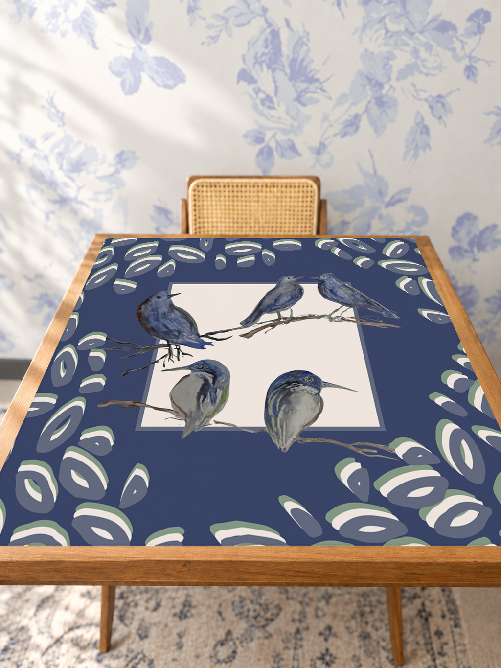 Bluebird Gathering mahjong mat — Studio Table Angle
