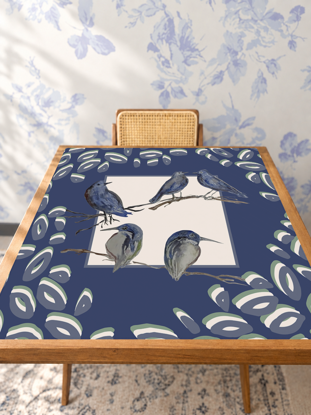 Bluebird Gathering mahjong mat — Studio Table Angle