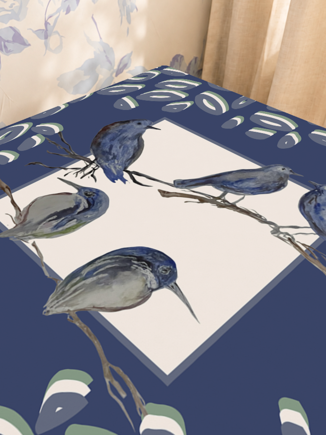 Bluebird Gathering mahjong mat — Sunlit Close-up