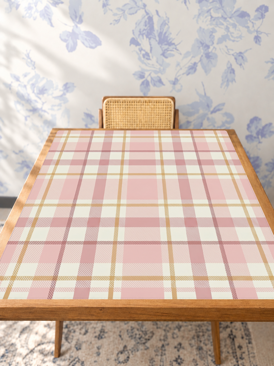 Blush Tartan Elegance mahjong mat — Studio Table Angle