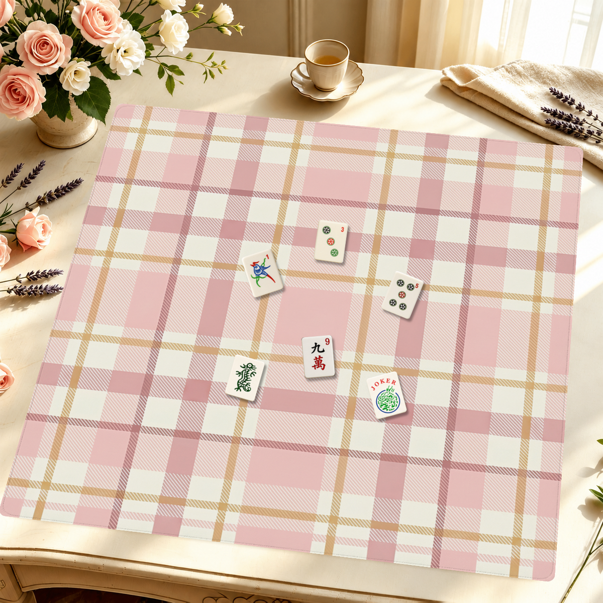 Blush Tartan Elegance mahjong mat — Styled Tile Table