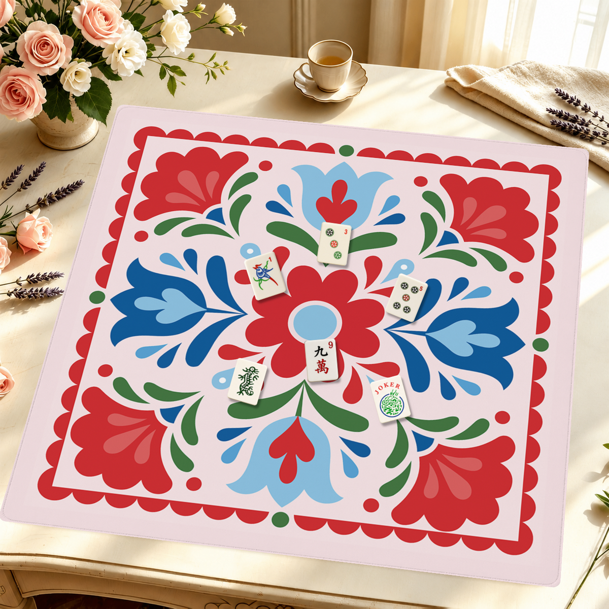 Blushing Meadow mahjong mat — Styled Tile Table