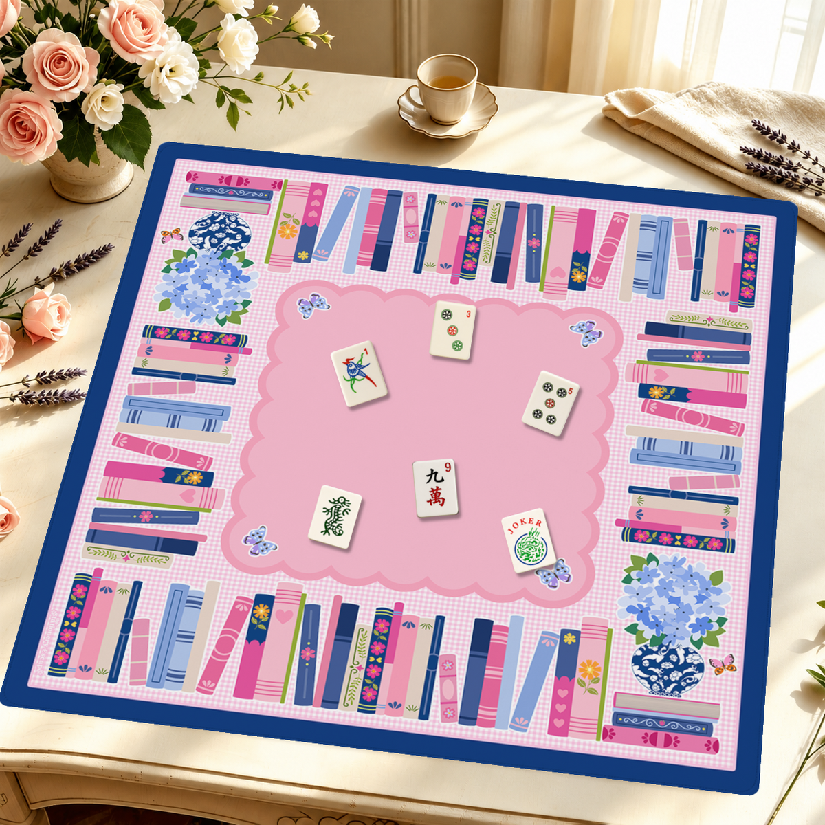 Books & Blooms mahjong mat — Styled Tile Table