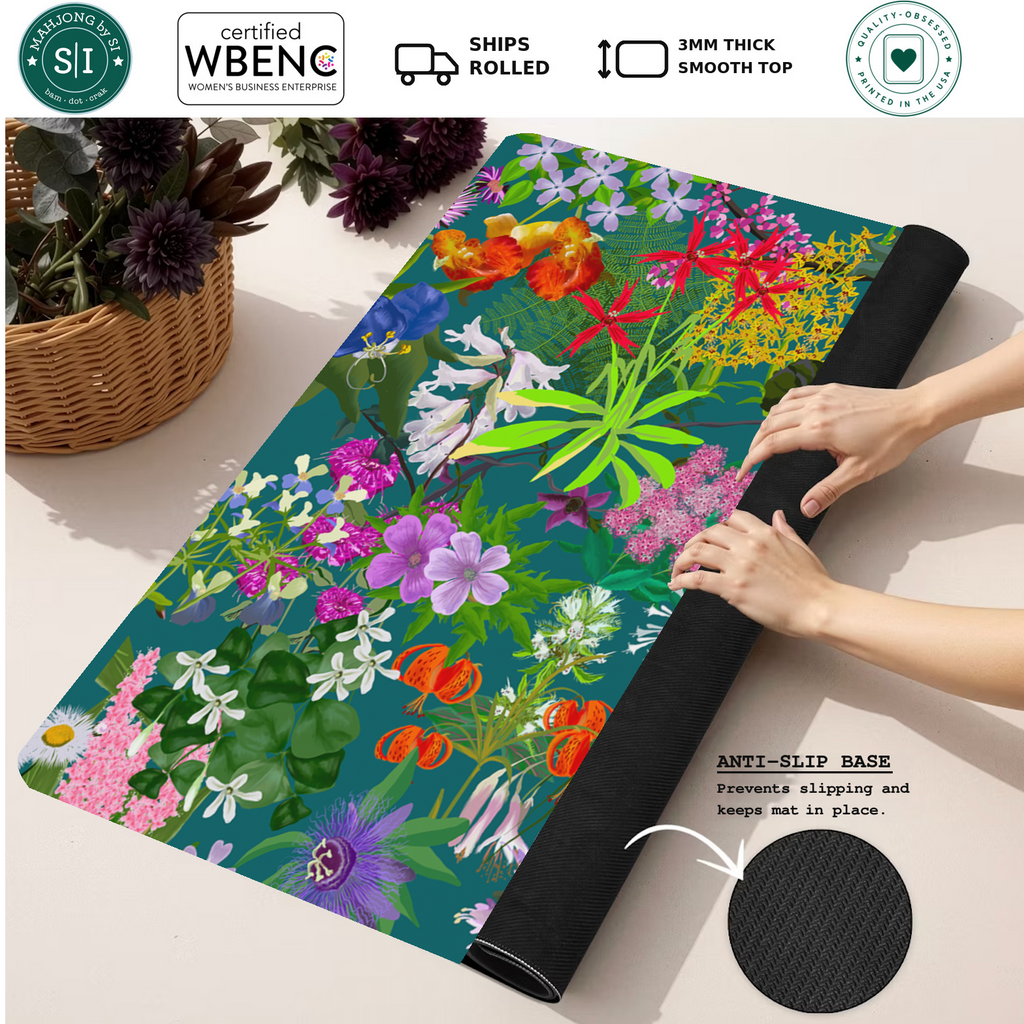 Botanical Rhapsody in Teal mahjong mat — Rolled Mat Feature Image