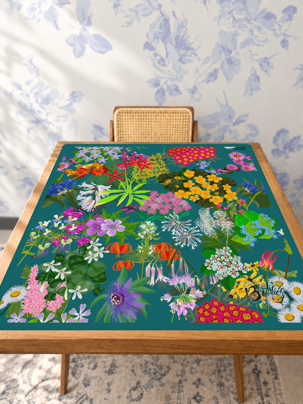 Botanical Rhapsody in Teal mahjong mat — Studio Table Angle