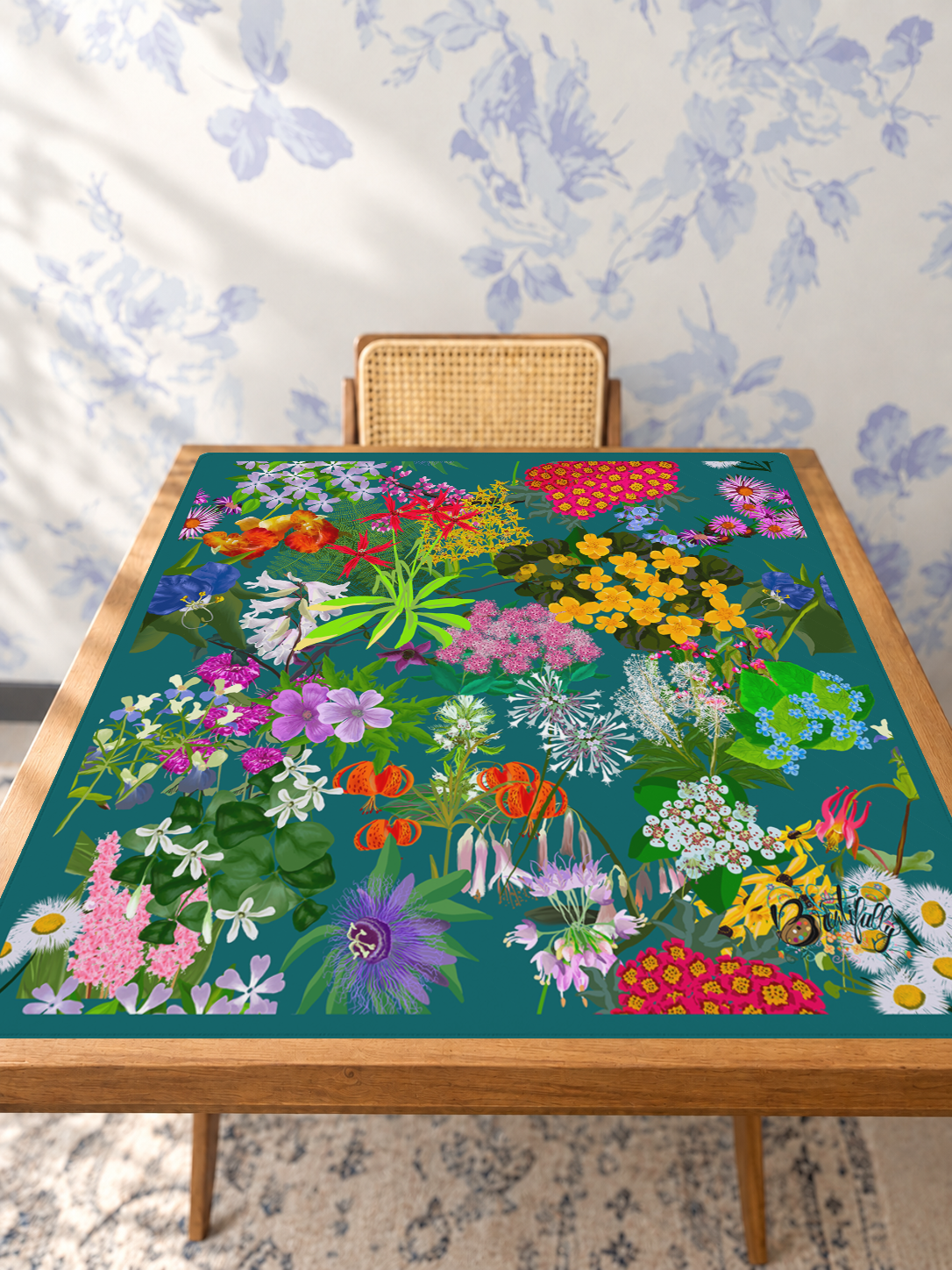 Botanical Rhapsody in Teal mahjong mat — Studio Table Angle