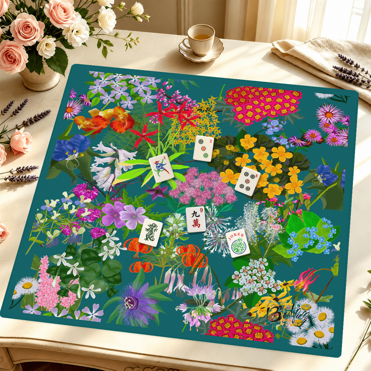 Botanical Rhapsody in Teal mahjong mat — Styled Tile Table