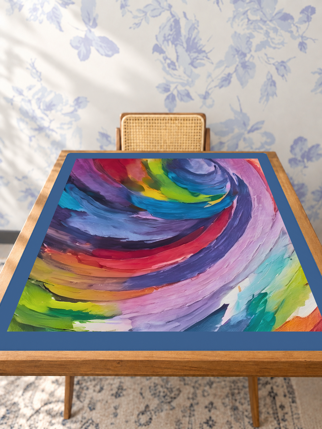Brush Hour Blue Border mahjong mat — Studio Table Angle