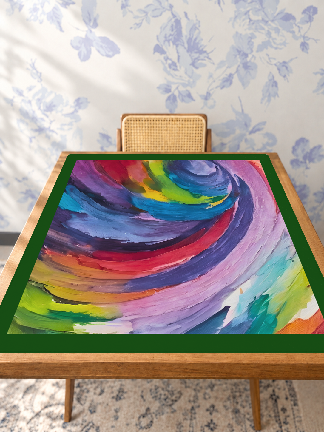 Brush Hour Green Border mahjong mat — Studio Table Angle