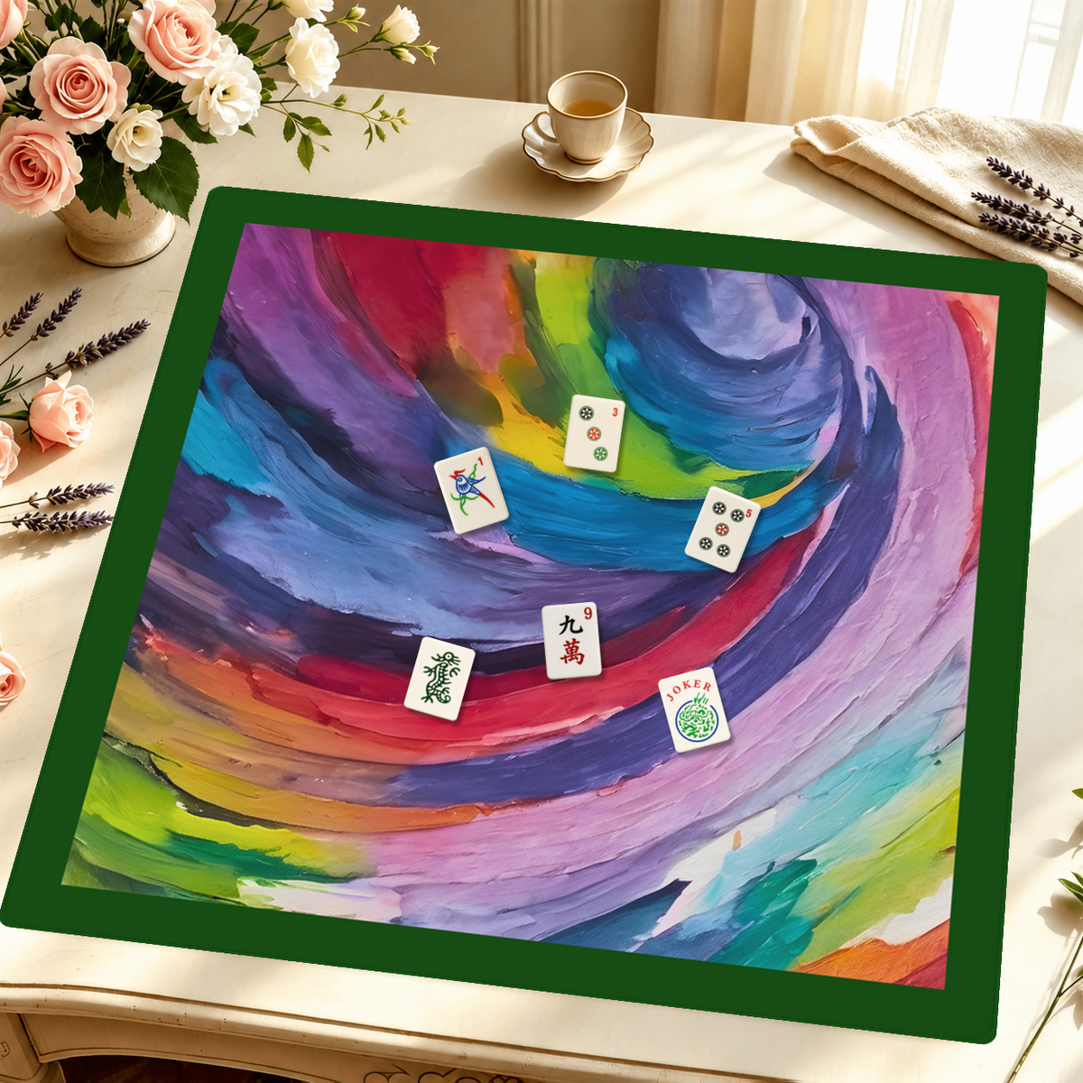 Brush Hour Green Border mahjong mat — Styled Tile Table