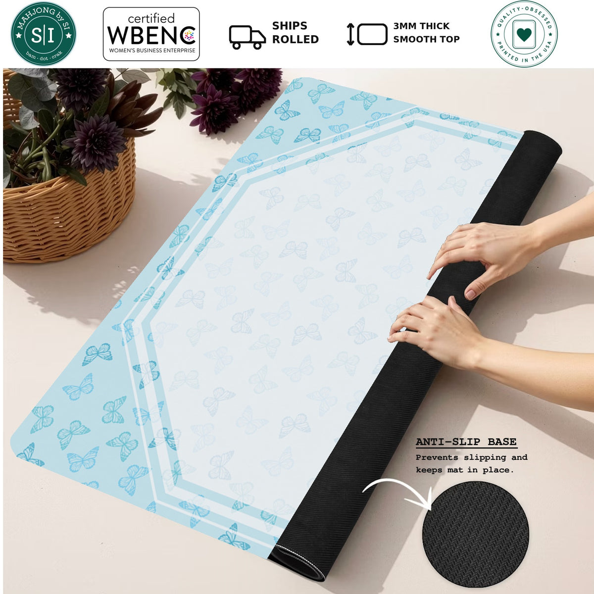 Mahjong by SI™ Butterfly Garden Mahjong Mat — Rolled Mat Feature Image [rolled-feature-square]
