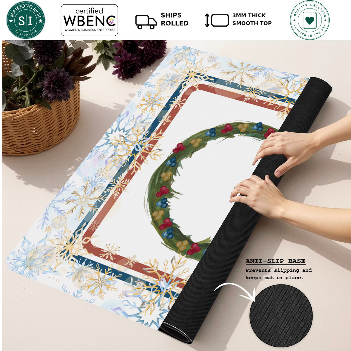 Cardinal Snow Business mahjong mat — Rolled Mat Feature Image