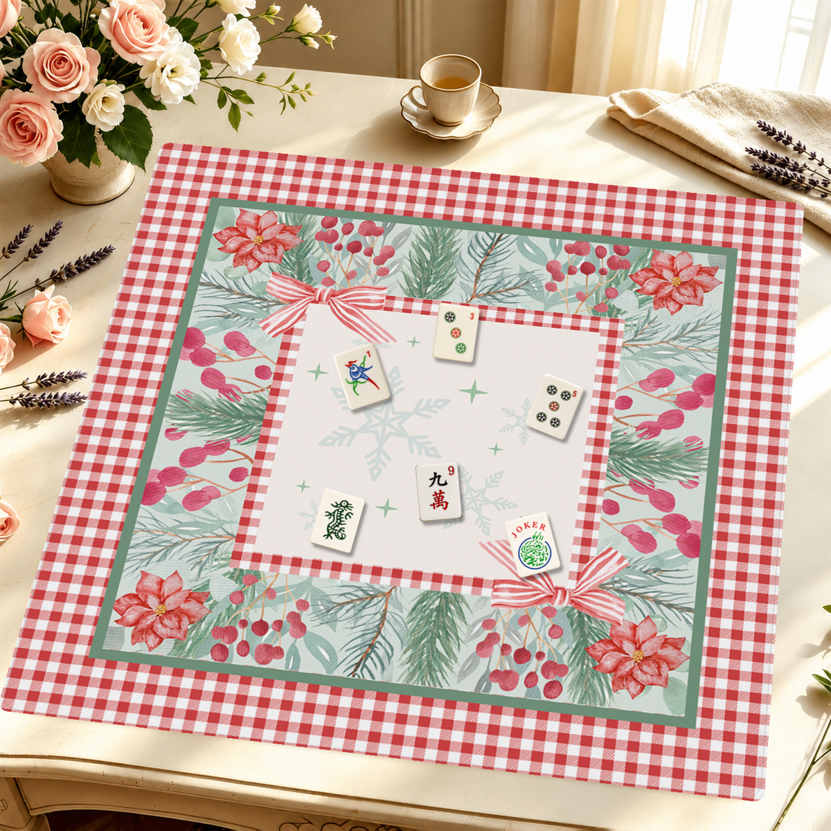 Check Yes to Christmas mahjong mat — Styled Tile Table