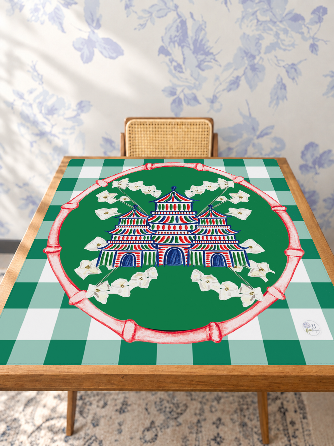 Christmas Pagoda Village mahjong mat — Studio Table Angle