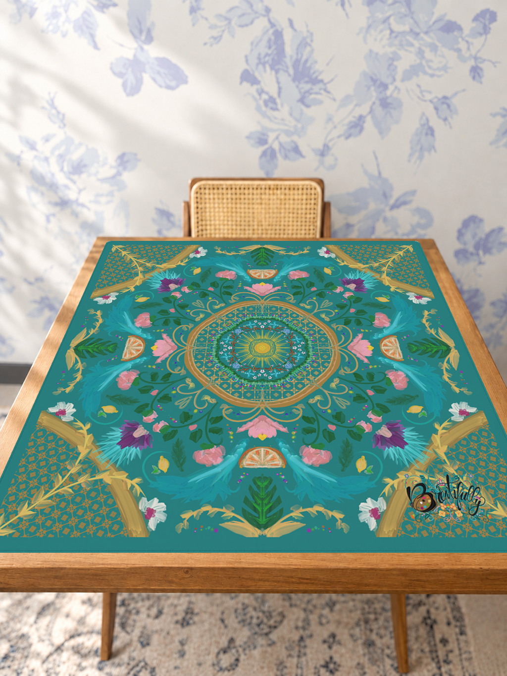 Citrus Sunrise Serenade mahjong mat — Studio Table Angle