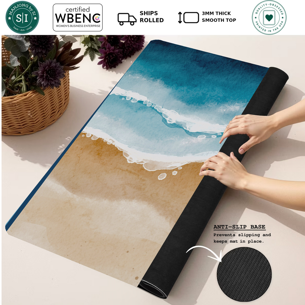 Coastal Blueprint mahjong mat — Rolled Mat Feature Image