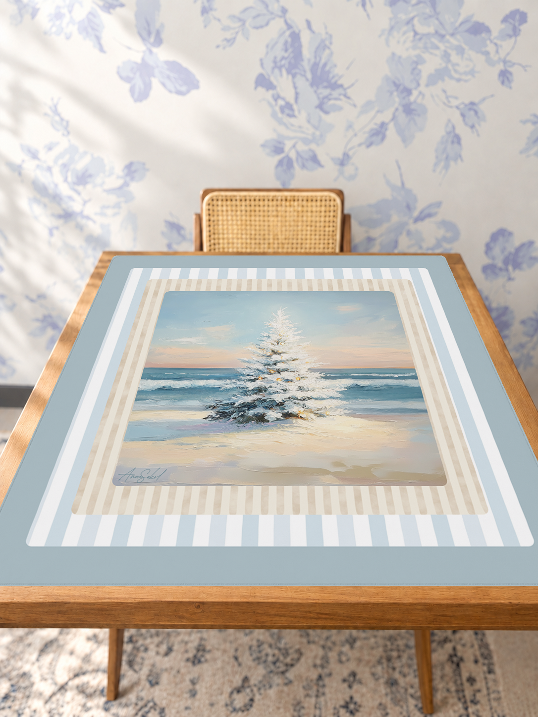Coastal Christmas mahjong mat — Studio Table Angle
