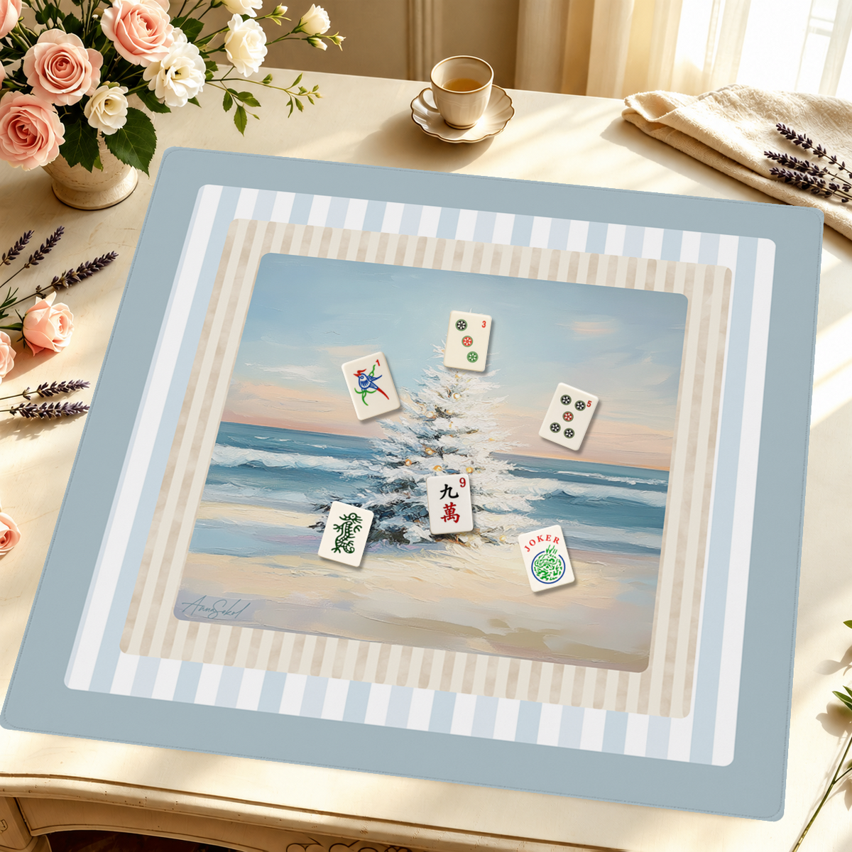 Coastal Christmas mahjong mat — Styled Tile Table