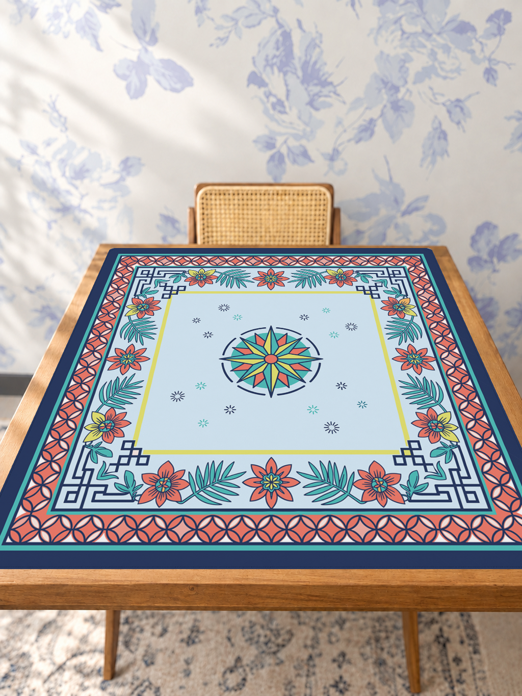 Compass Rose and Chill mahjong mat — Studio Table Angle