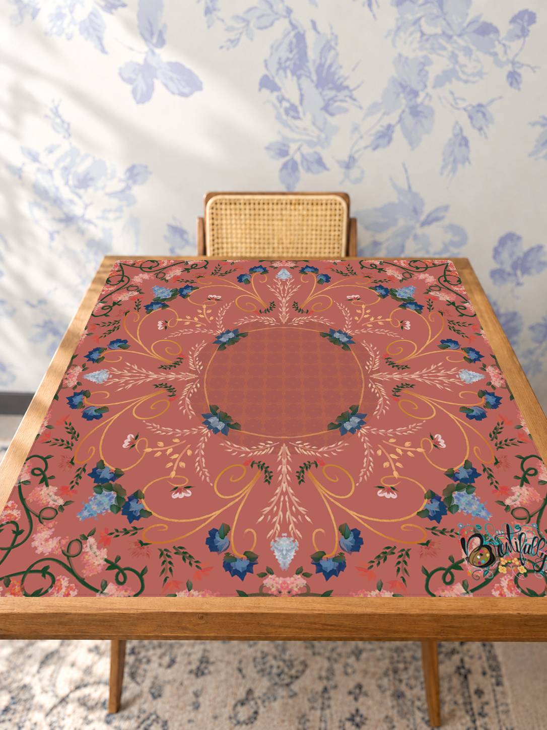Coral Baroque Reverie mahjong mat — Studio Table Angle