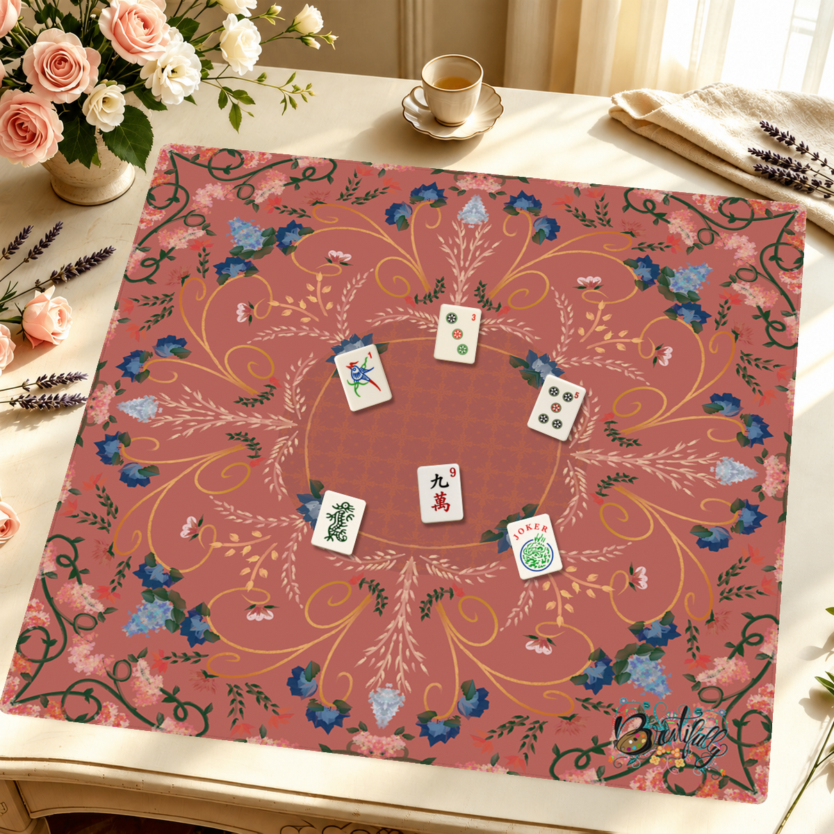 Coral Baroque Reverie mahjong mat — Styled Tile Table