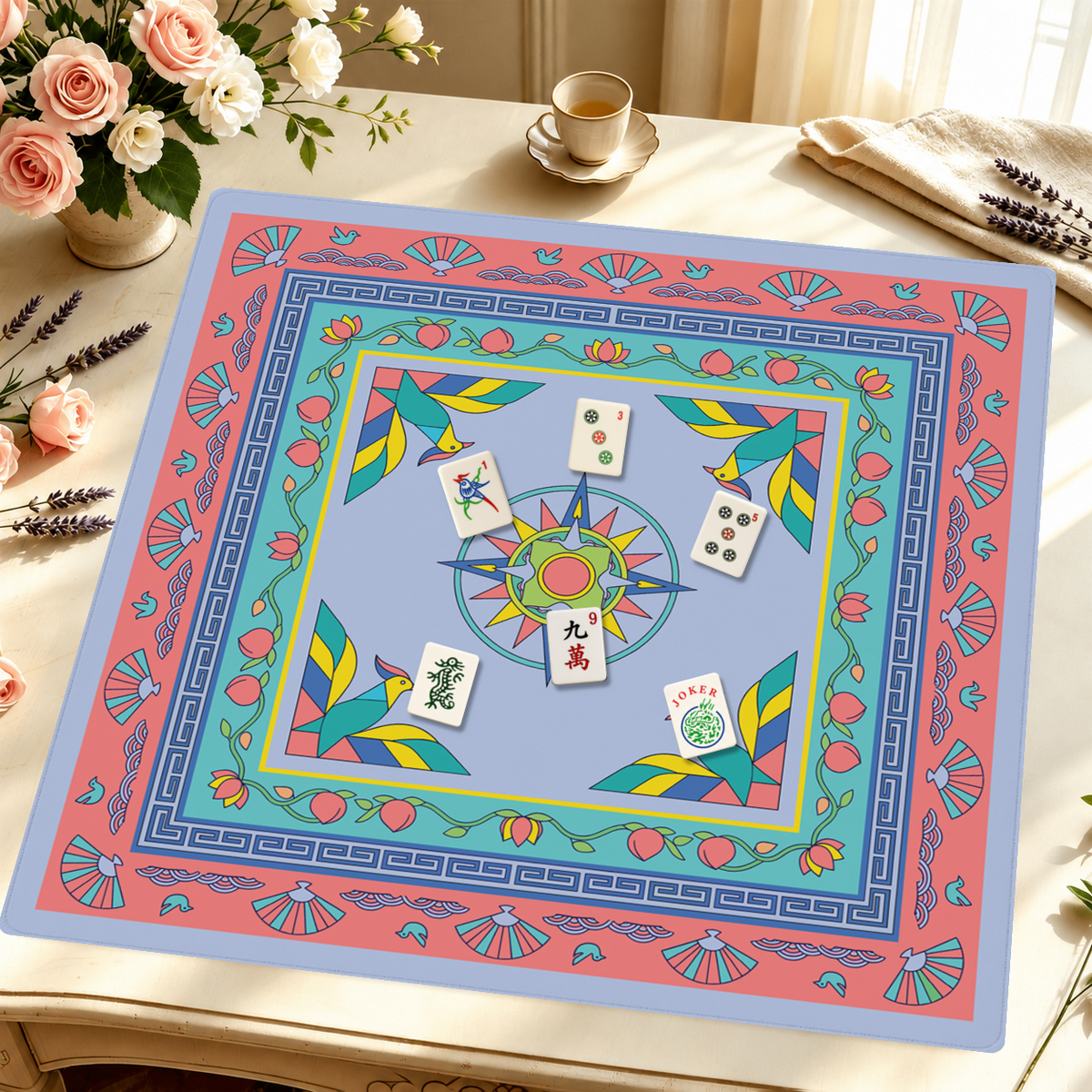 Coral Me Maybe East Wind mahjong mat — Styled Tile Table