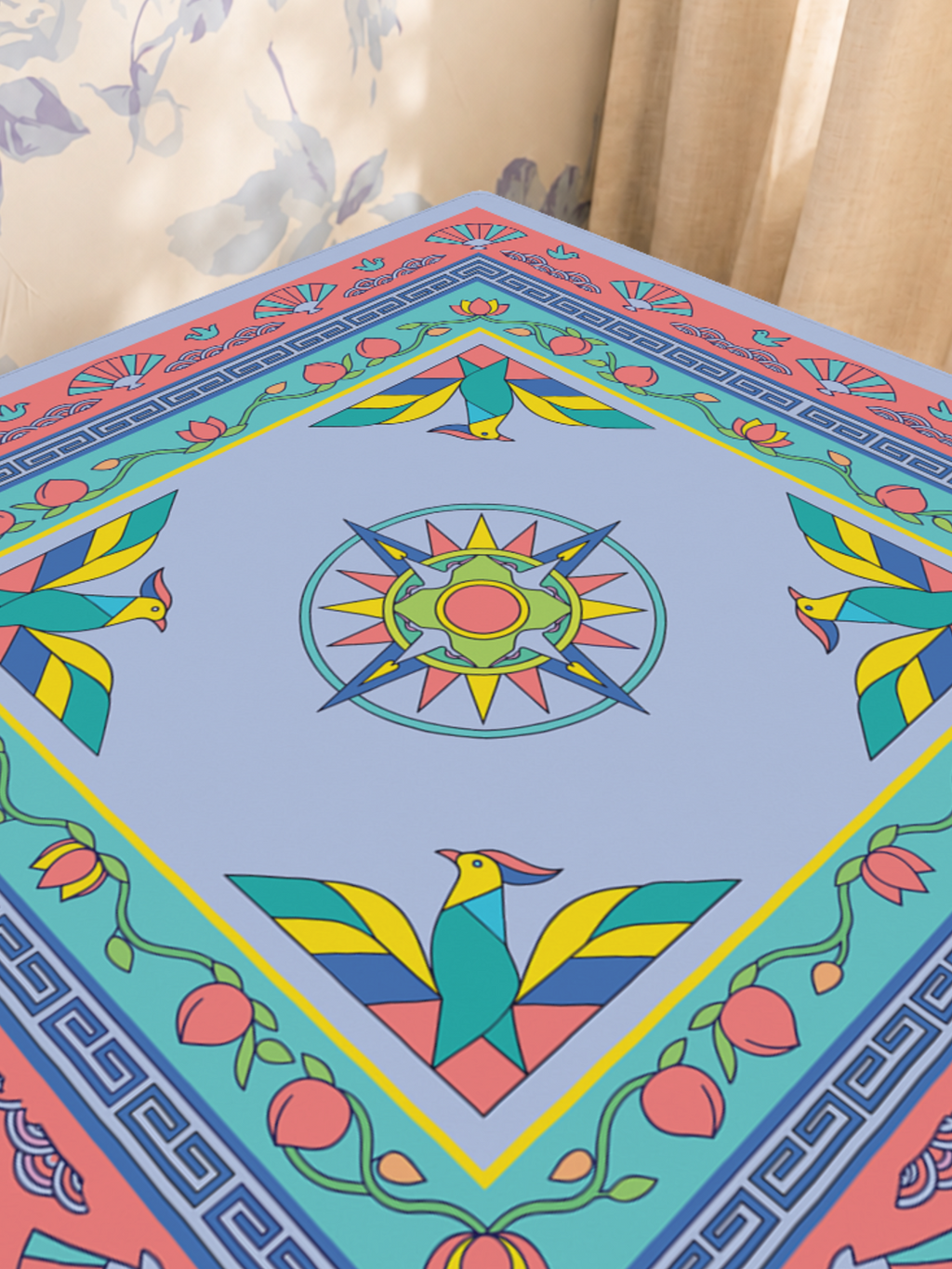 Coral Me Maybe East Wind mahjong mat — Sunlit Close-up