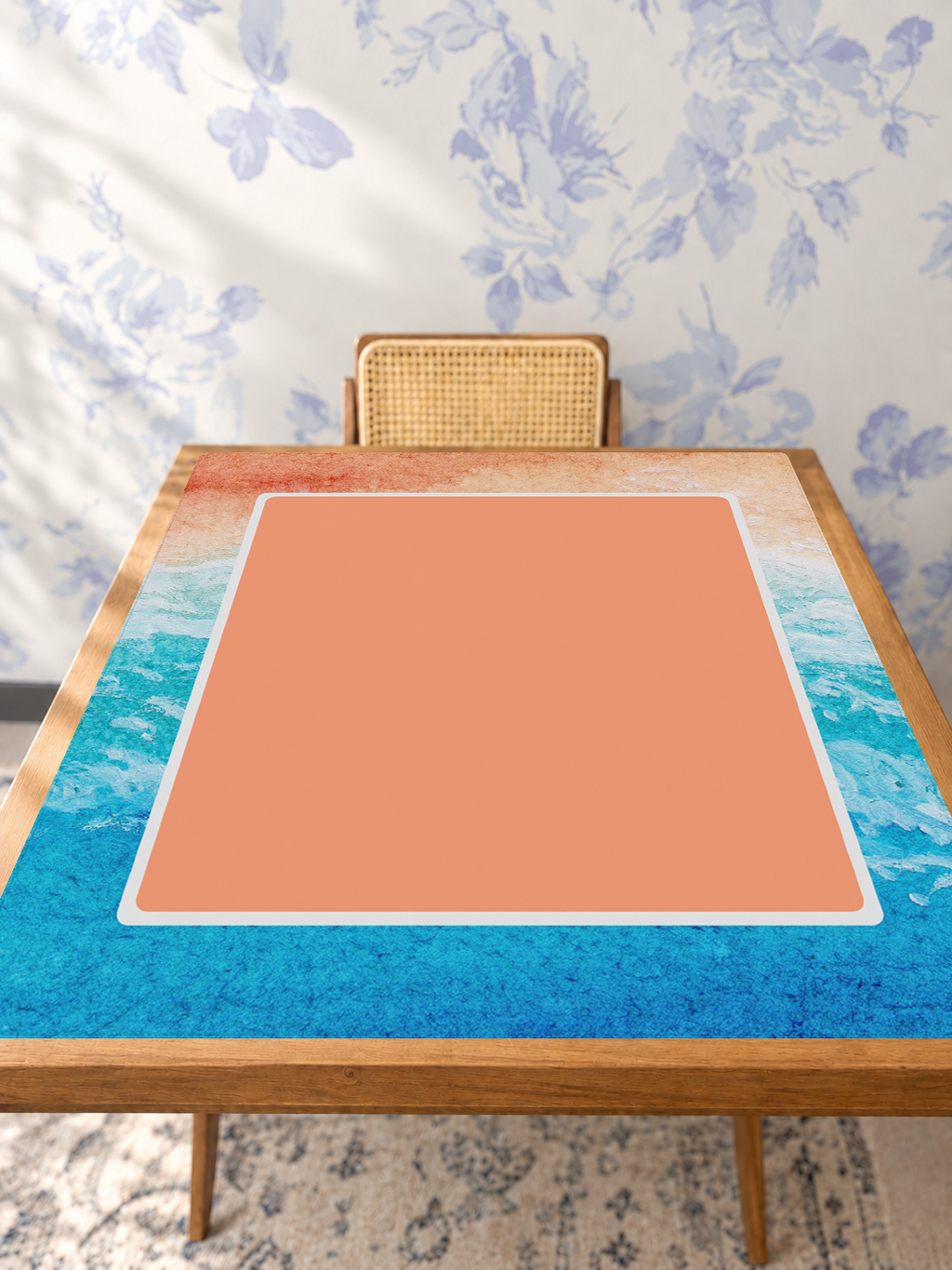 Coral Me Maybe mahjong mat — Studio Table Angle