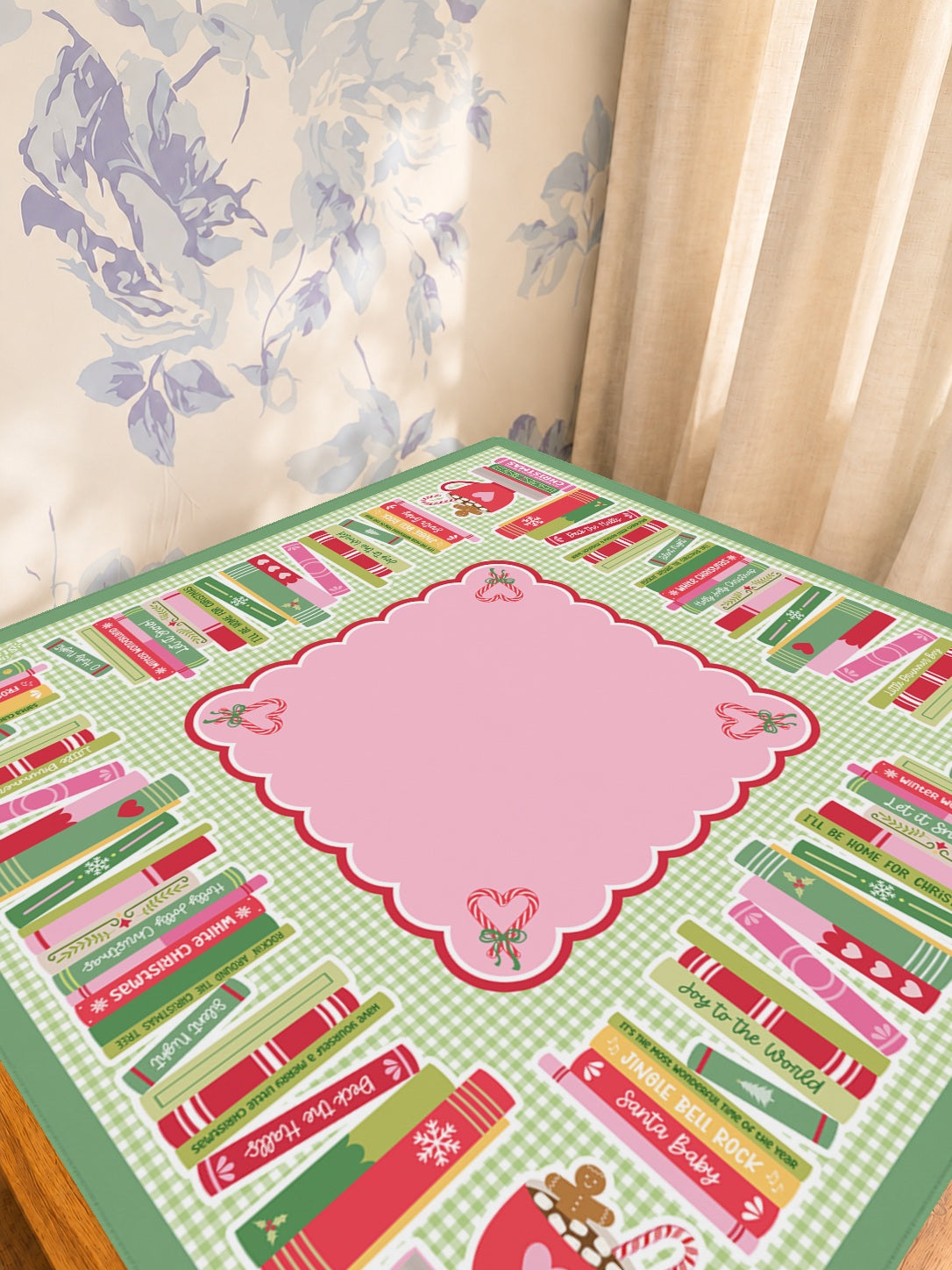 Cozy Christmas Library Mahjong Mat — Sunlit Detail [studio-detail-square]