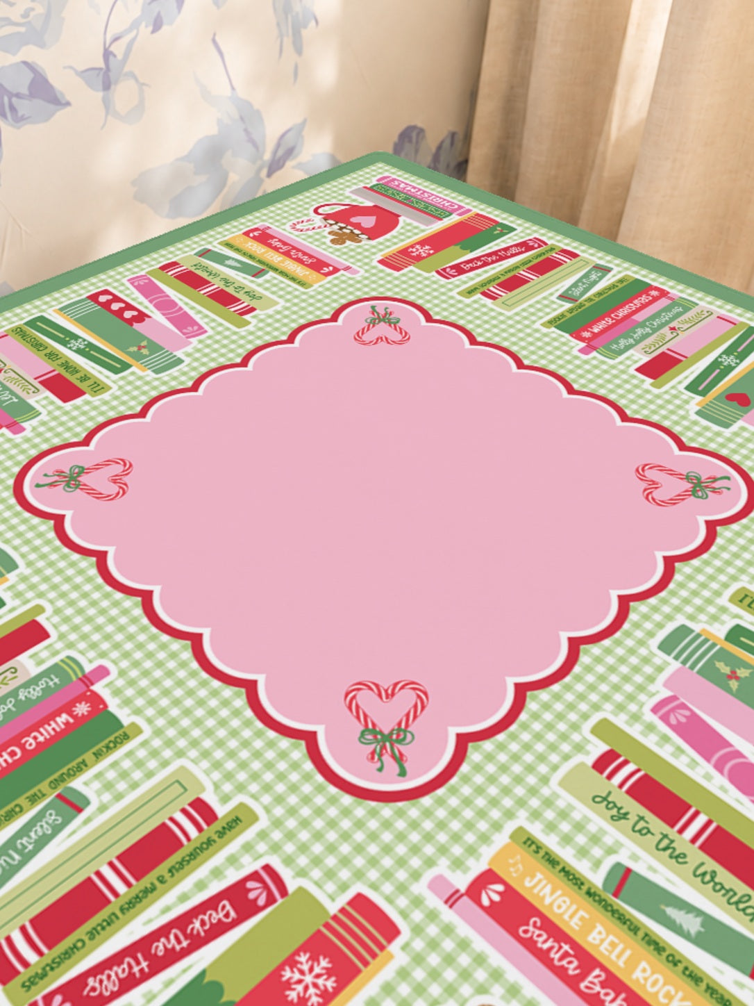 Cozy Christmas Library Mahjong Mat — Sunlit Close-up [sunlit-closeup-square]