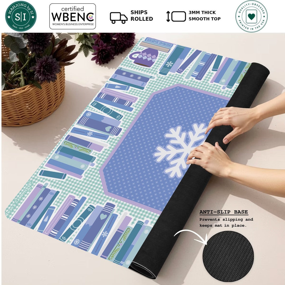 Cozy Winter Library Mahjong Mat — Rolled Mat Feature Image [rolled-feature-square]