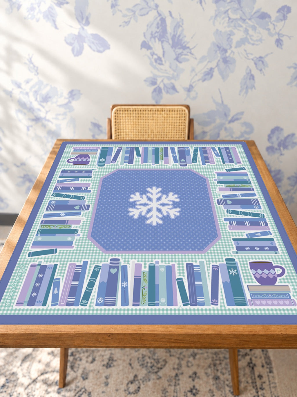 Cozy Winter Library Mahjong Mat — Studio Table Angle [studio-angle-square]
