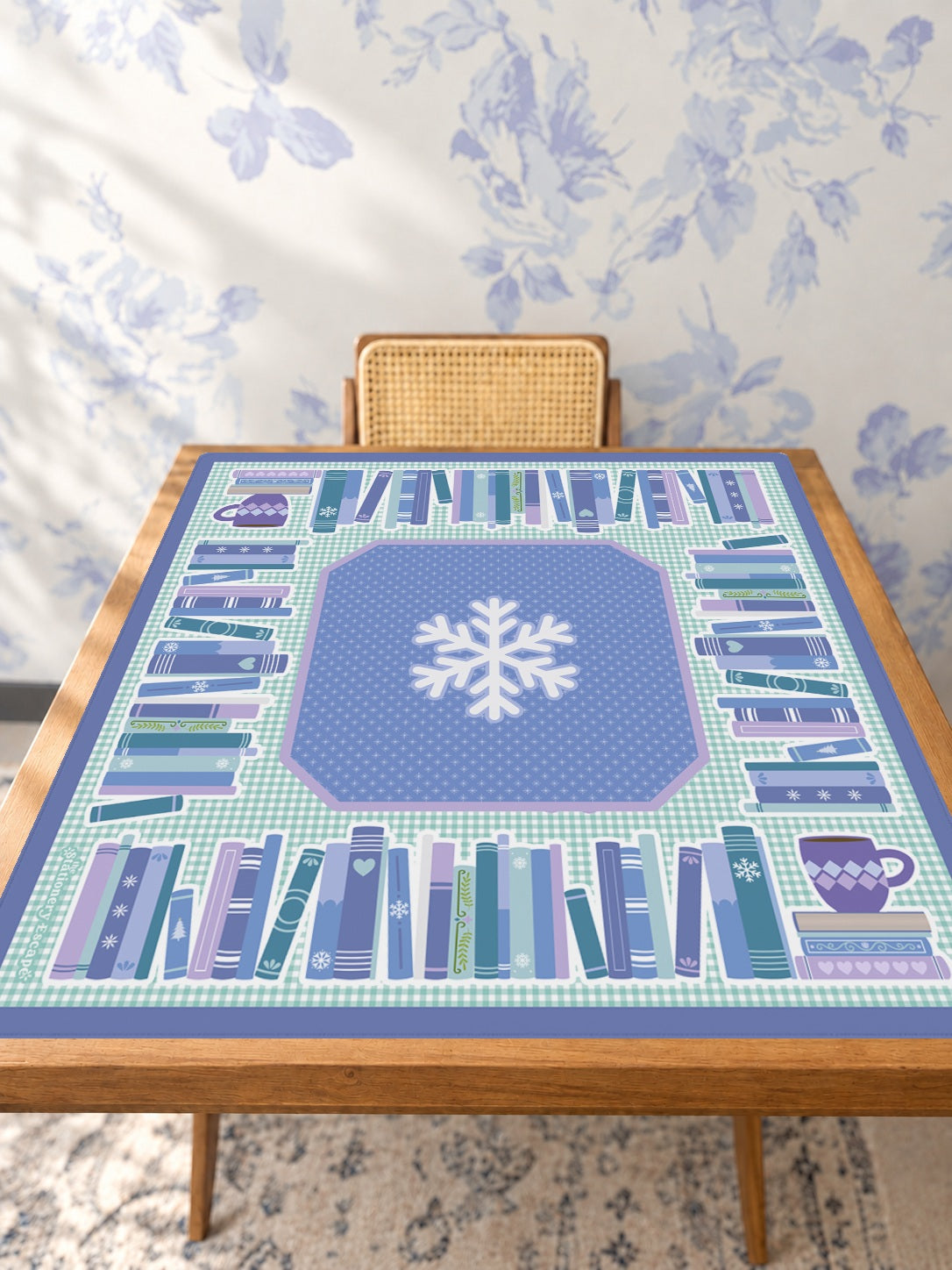 Cozy Winter Library Mahjong Mat — Studio Table Angle [studio-angle-square]