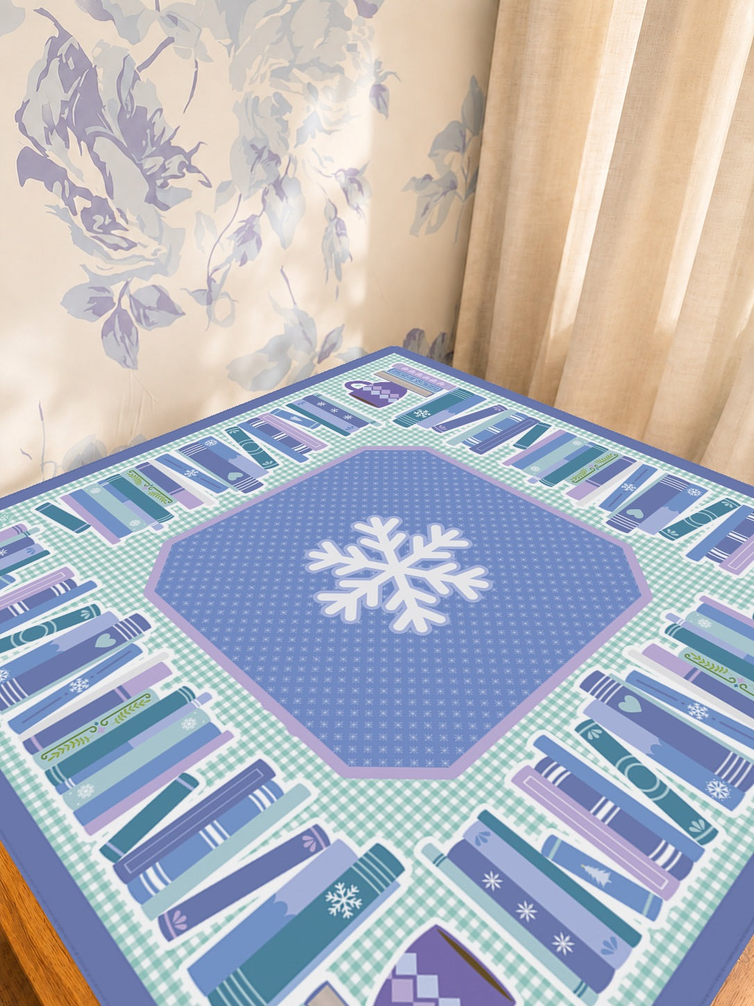 Cozy Winter Library Mahjong Mat — Sunlit Detail [studio-detail-square]